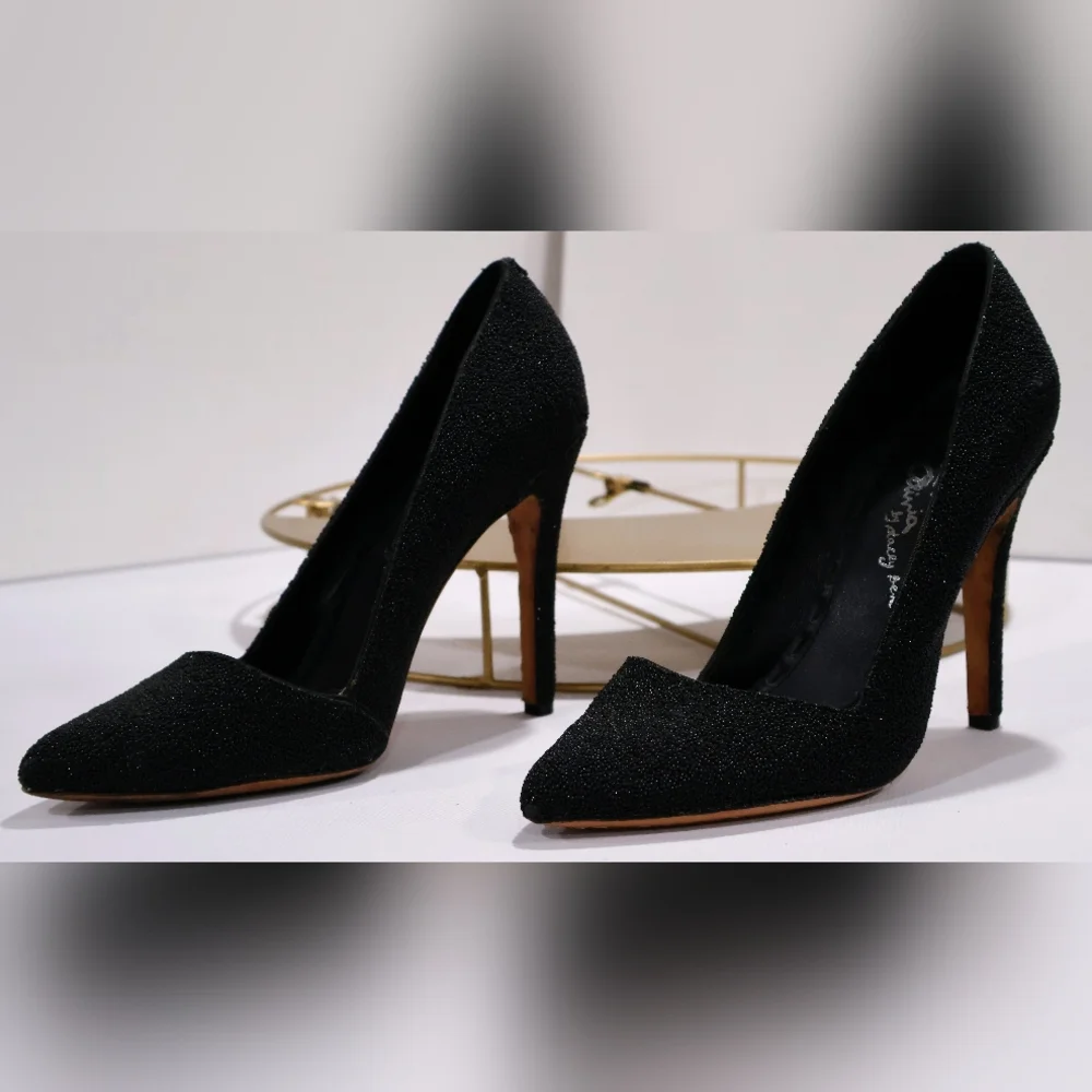 Alice + Olivia Dina Black Caviar Beaded Pointy Toe Heels Pumps - Picture 7 of 10